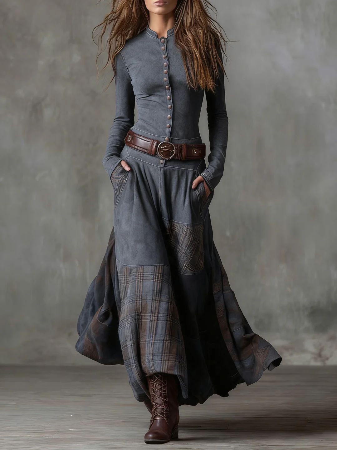 Robe Maxi Vintage en Daim avec Panneaux à Carreaux