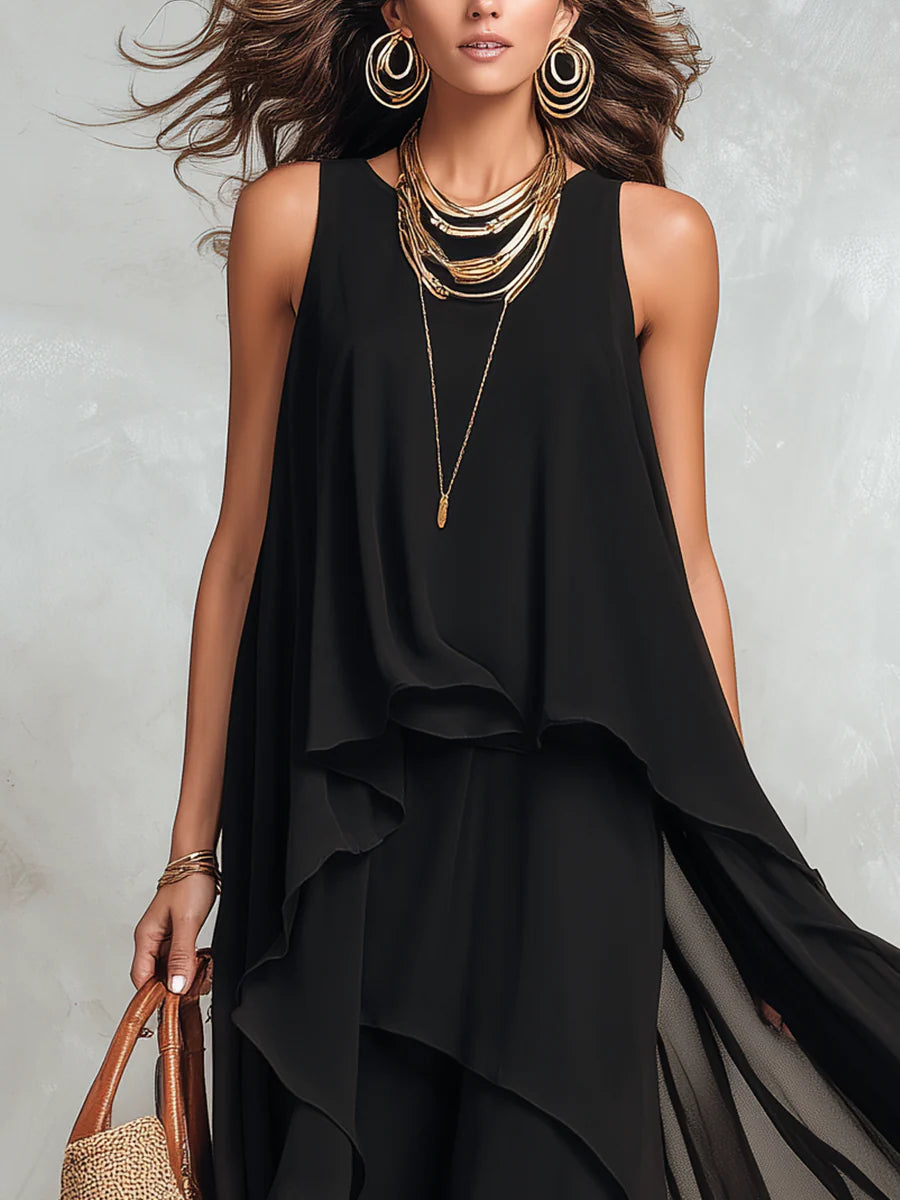 Élina | Robe longue fluide noire avec superpositions légères et style élégant