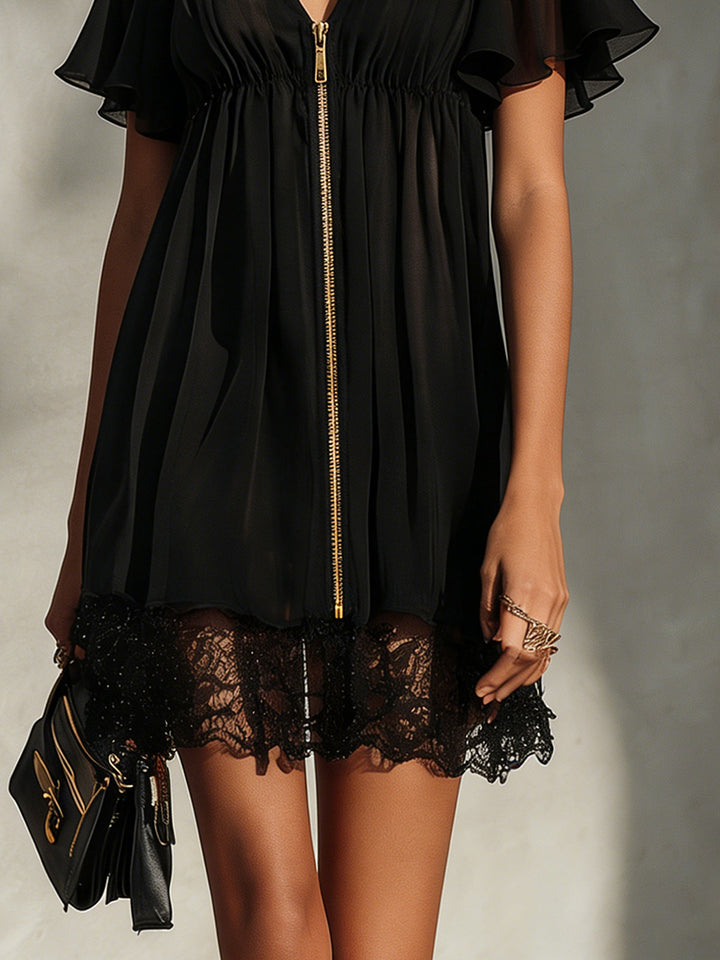 Noémie | Robe Courte Élégante avec Zip Doré et Dentelle