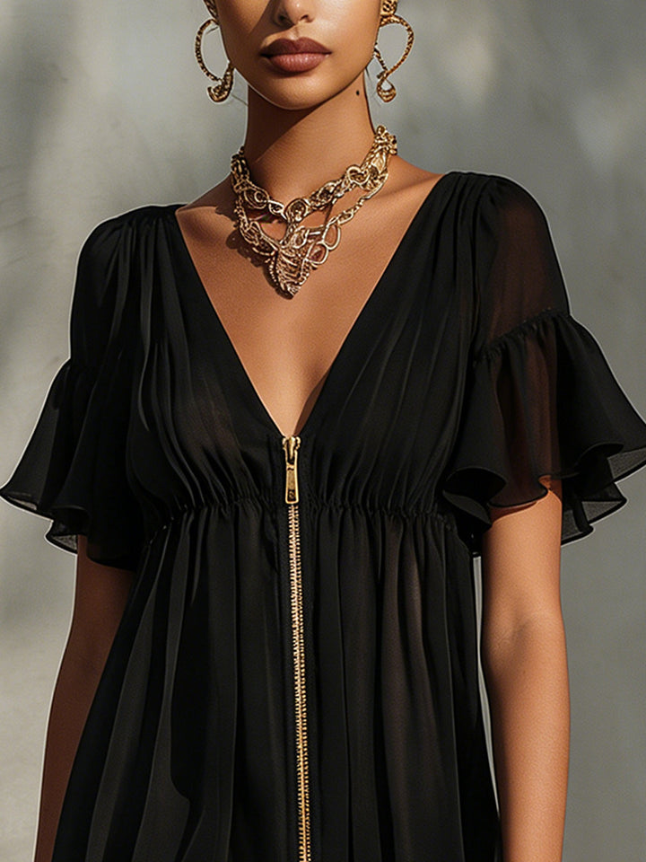 Noémie | Robe Courte Élégante avec Zip Doré et Dentelle