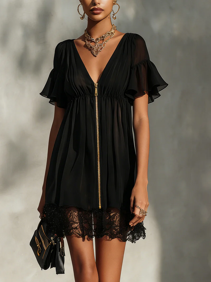 Noémie | Robe Courte Élégante avec Zip Doré et Dentelle