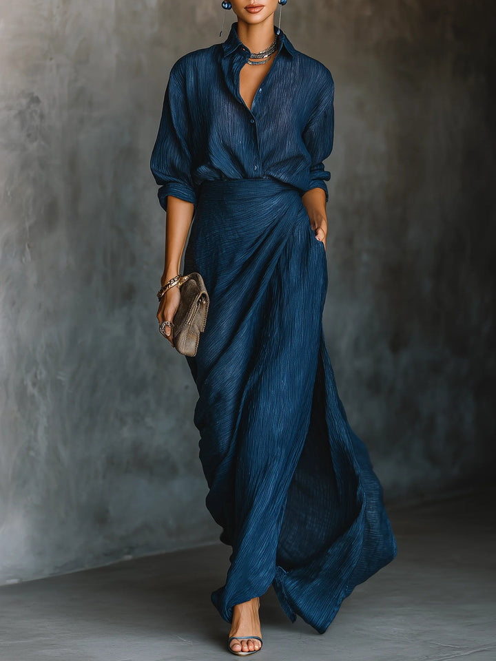 Élégance en mouvement – Ensemble blouse et jupe en satin