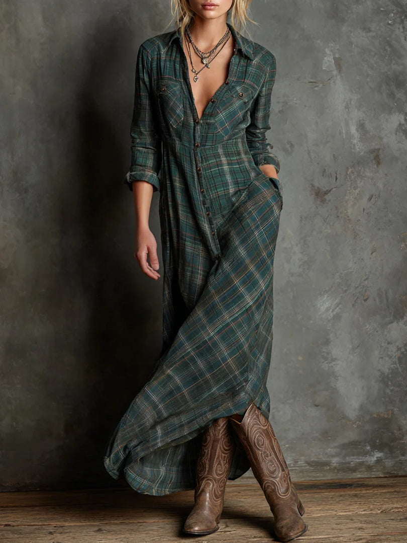 Robe chemise longue à revers à carreaux