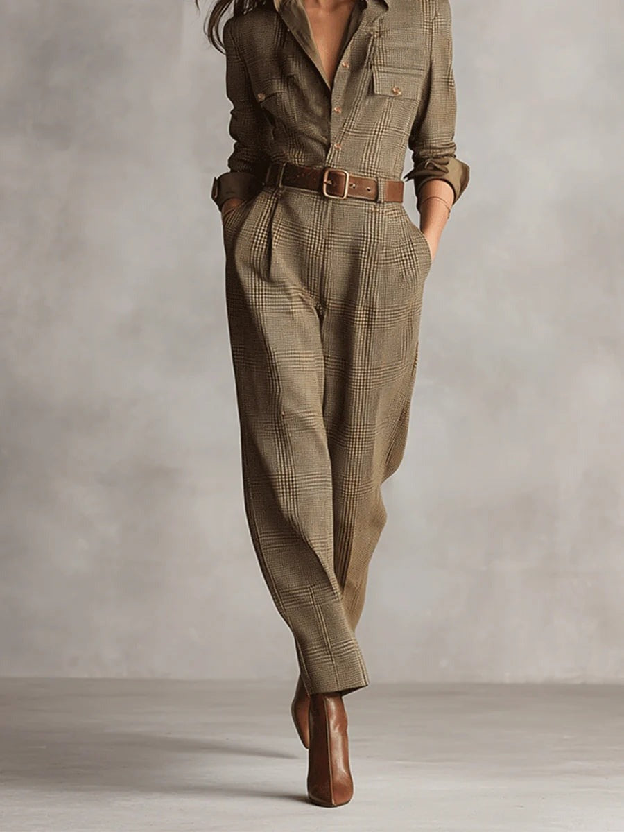 Combinaison à carreaux en tweed marron