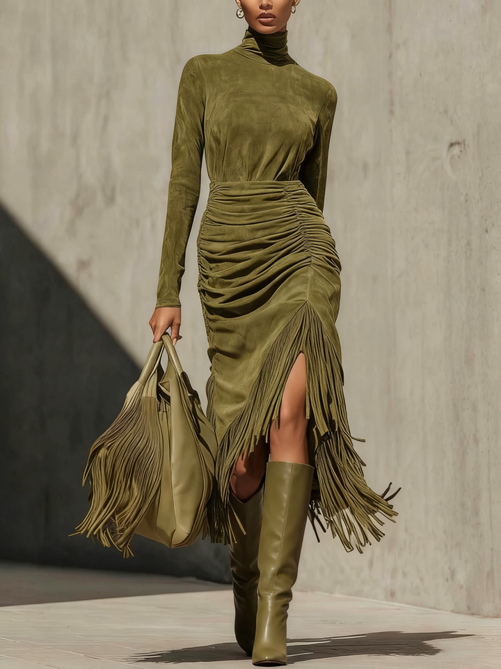 Arvella – Robe midi à détails frangés