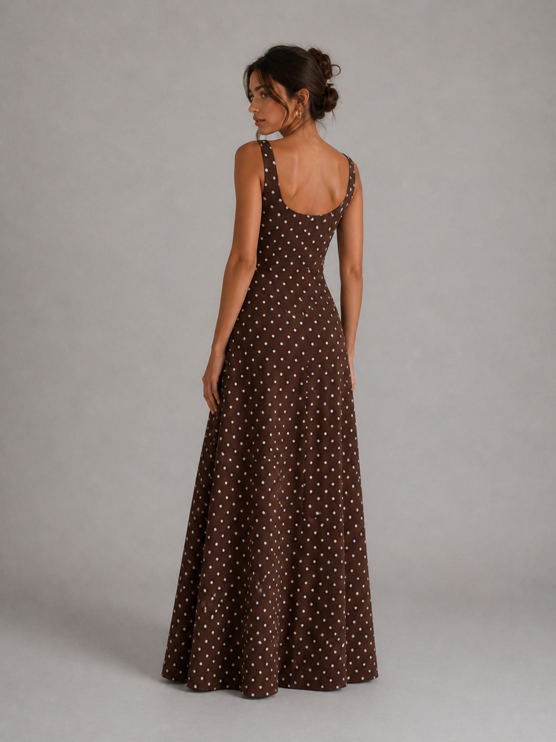 LÉONIE - ROBE LONGUE MARRON À POIS