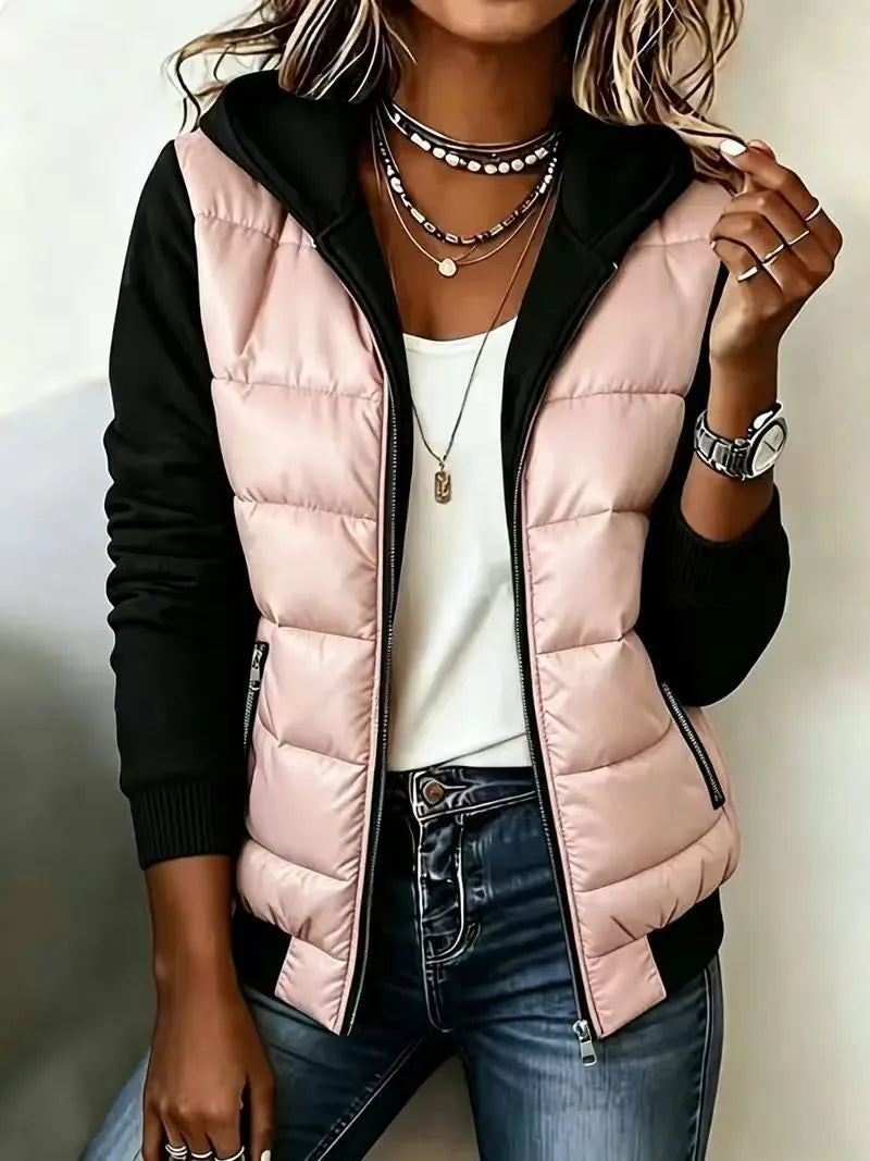 Elena veste matelassée bicolore à capuche – rose