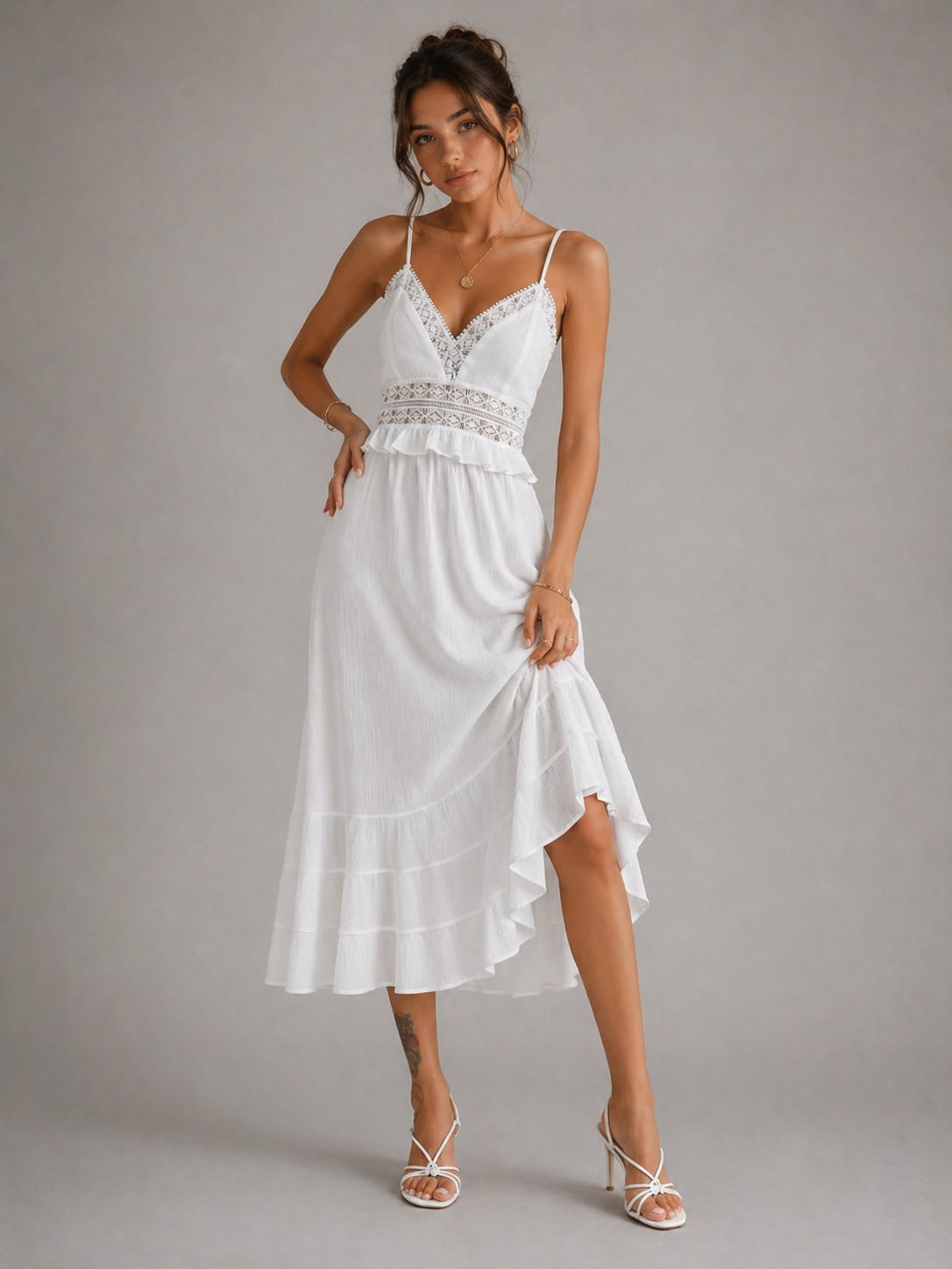 ANAËLLE - ROBE MIDI BLANCHE FLUIDE À DÉTAILS DENTELLE