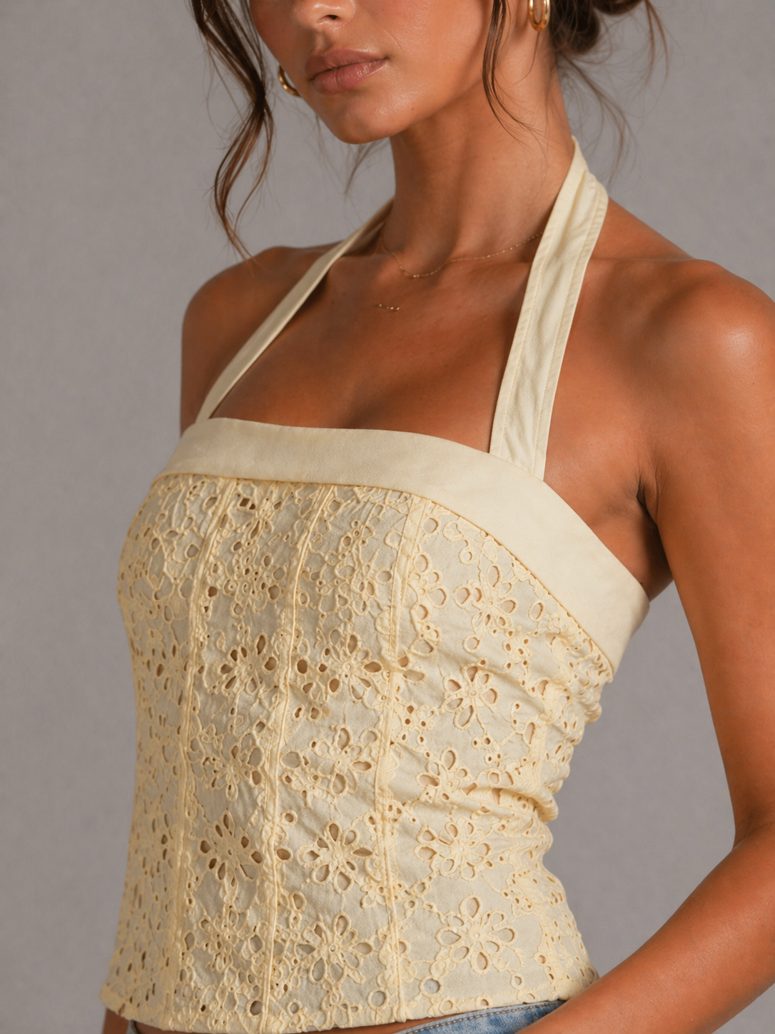 ROSELLE – TOP BUSTIER BRODÉ À BRETELLES HALTER