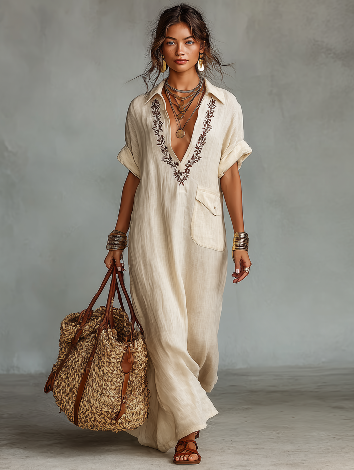 Camille | Robe longue bohème élégante avec broderie et coupe fluide