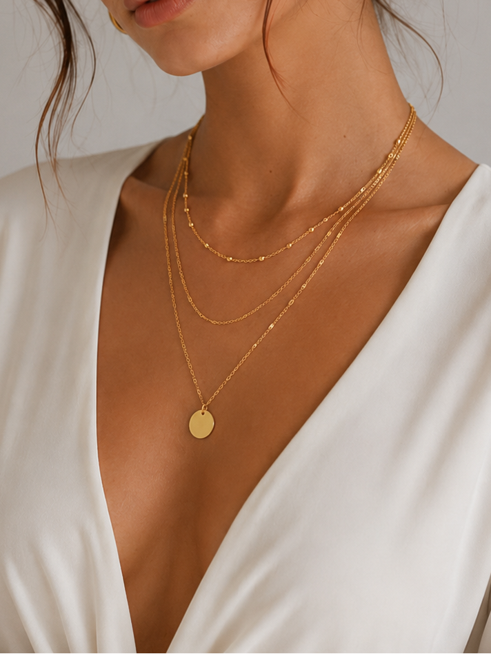 ÉLO – CHAÎNE TRIPLE RANG À MÉDAILLON DORÉ COLLIER