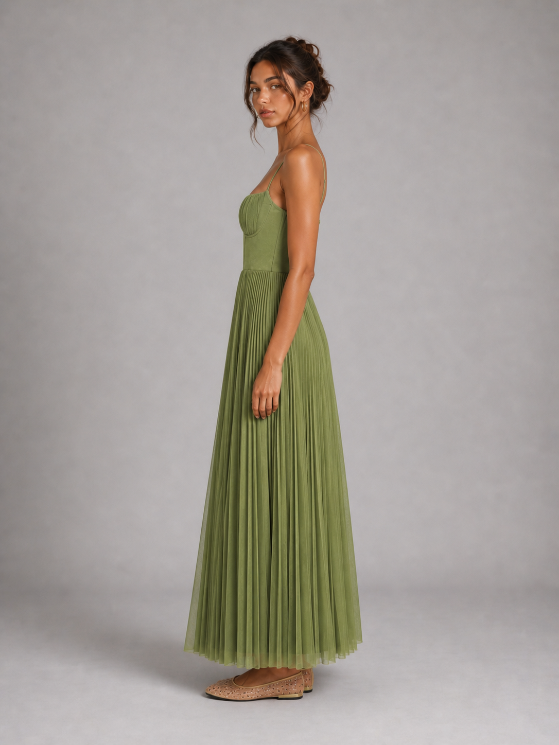 LORNA - ROBE MIDI PLISSÉE EN TULLE À FINES BRETELLES