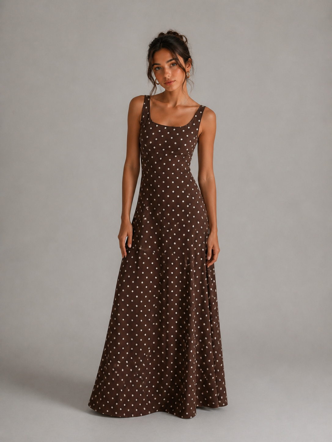 LÉONIE - ROBE LONGUE MARRON À POIS