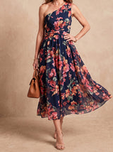Robe asymétrique fleurie Elena bleu marine – vue de face