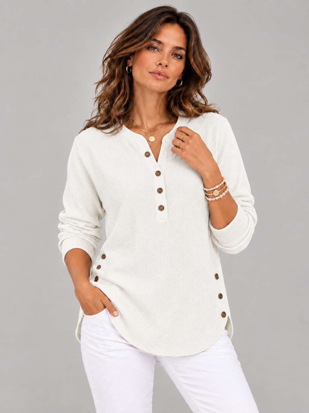 Blanche™ | Tunique Henley avec boutons