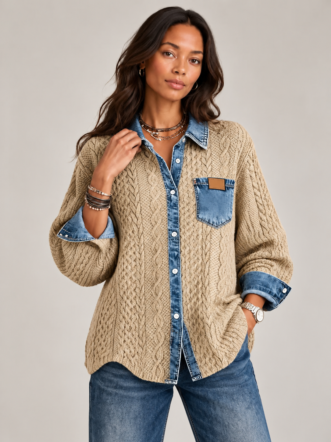 Monique™ | Veste en maille avec détails denim