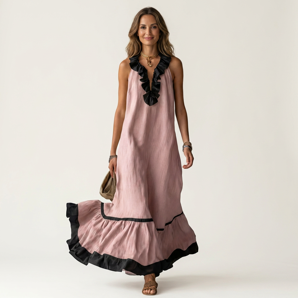 Ariane™ | Robe longue sans manches à volants contrastés
