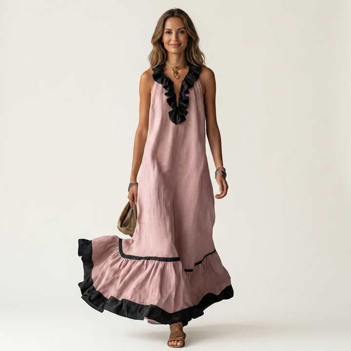 Ariane™ | Robe longue sans manches à volants contrastés