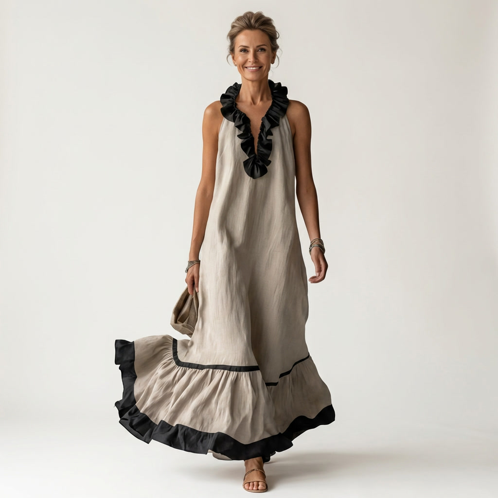 Ariane™ | Robe longue sans manches à volants contrastés