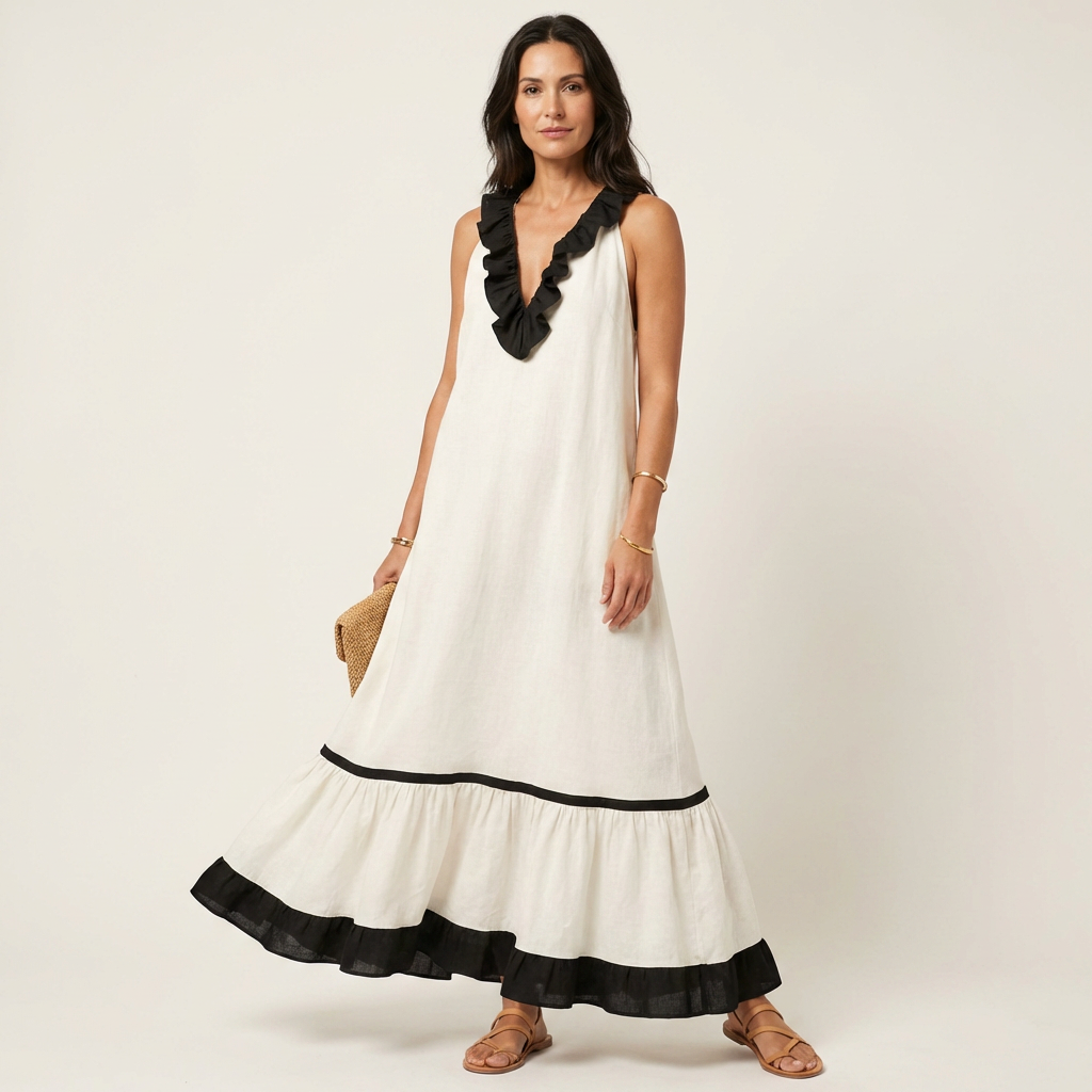 Ariane™ | Robe longue sans manches à volants contrastés