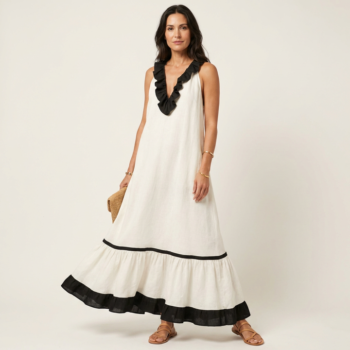 Ariane™ | Robe longue sans manches à volants contrastés