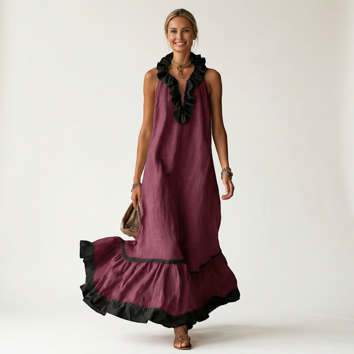 Ariane™ | Robe longue sans manches à volants contrastés