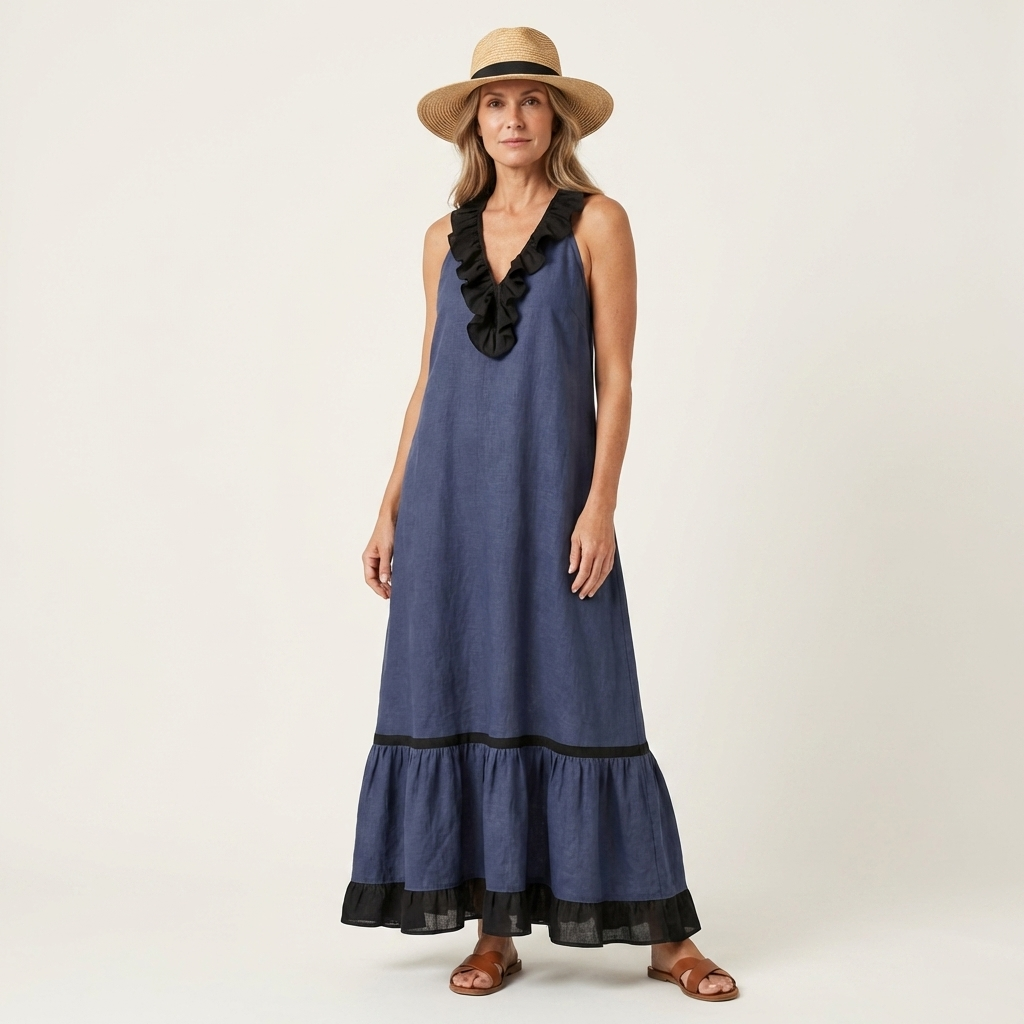Ariane™ | Robe longue sans manches à volants contrastés