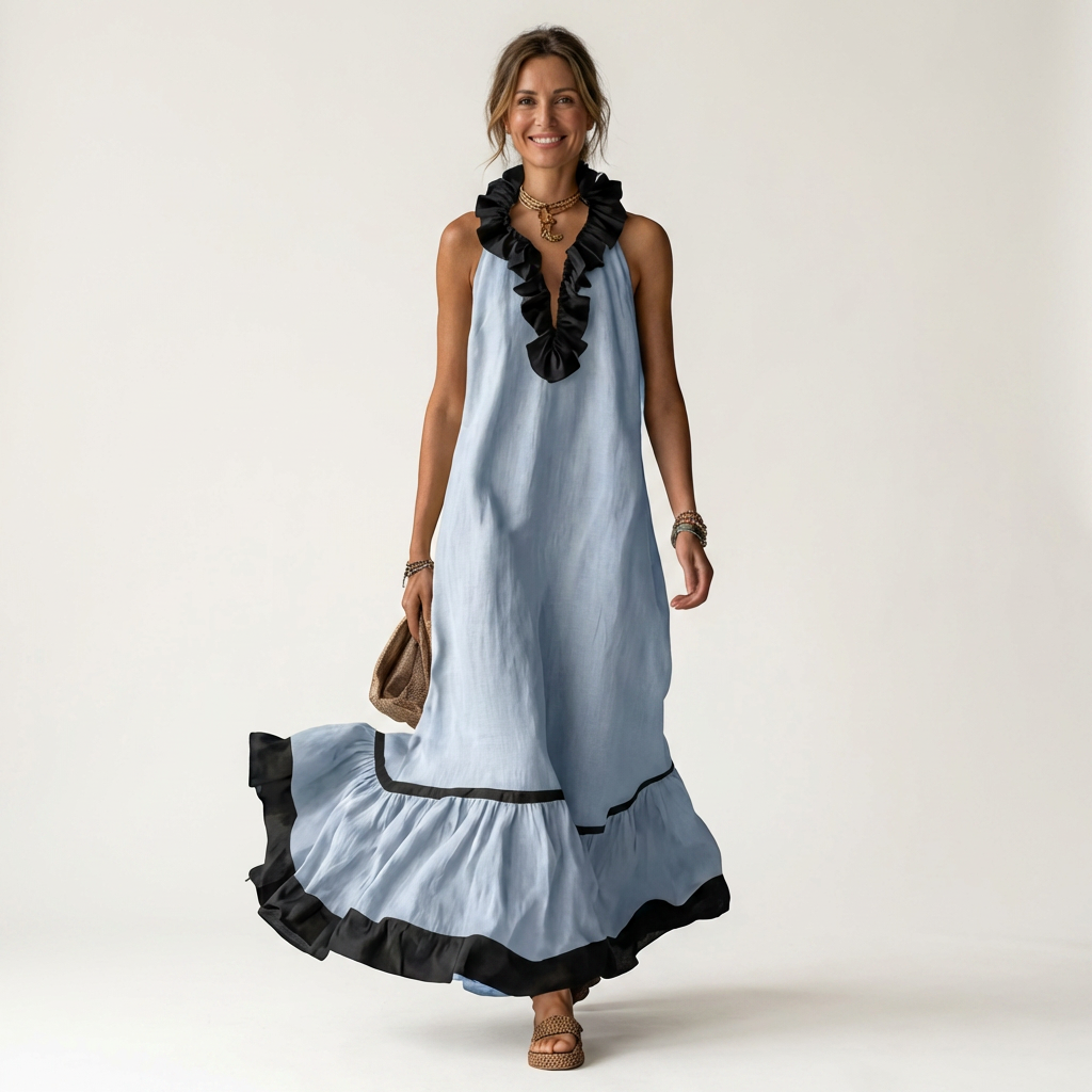 Ariane™ | Robe longue sans manches à volants contrastés