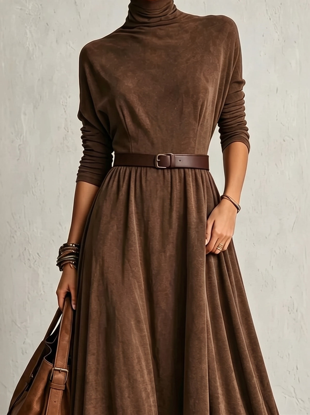 Odette robe longue effet daim marron – col montant et ceinture
