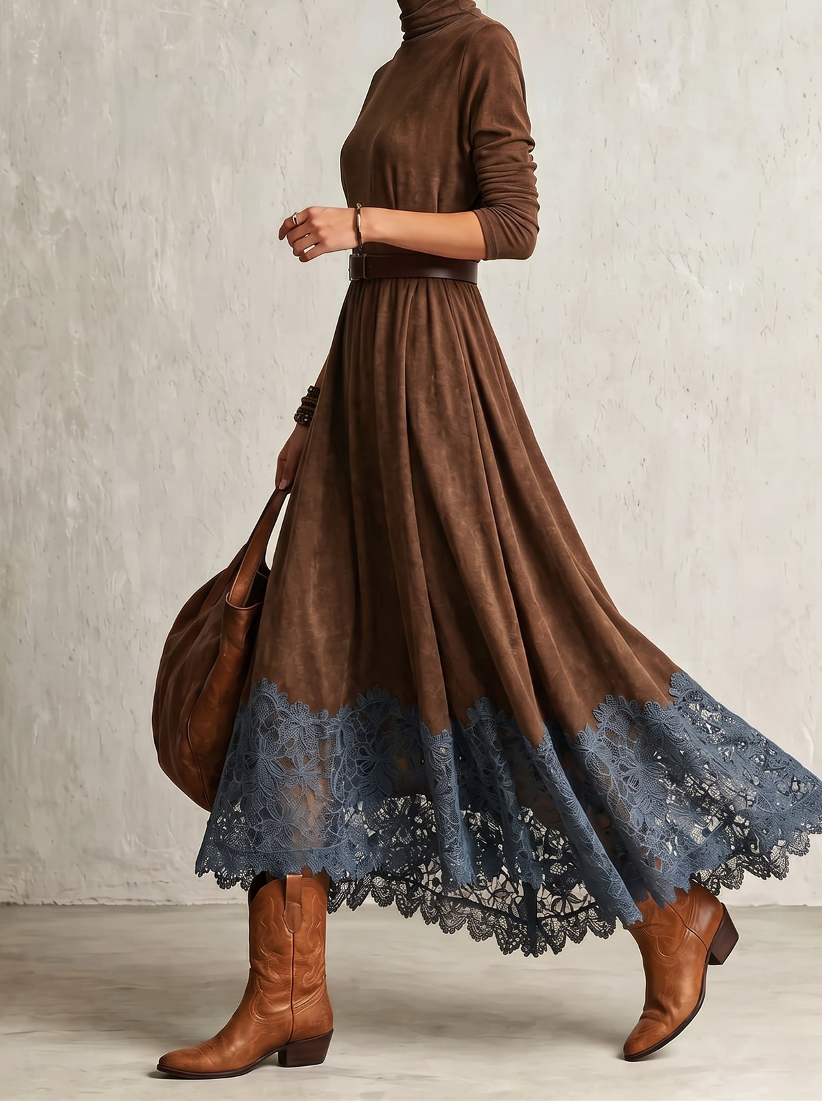 Odette robe longue effet daim marron – vue de côté