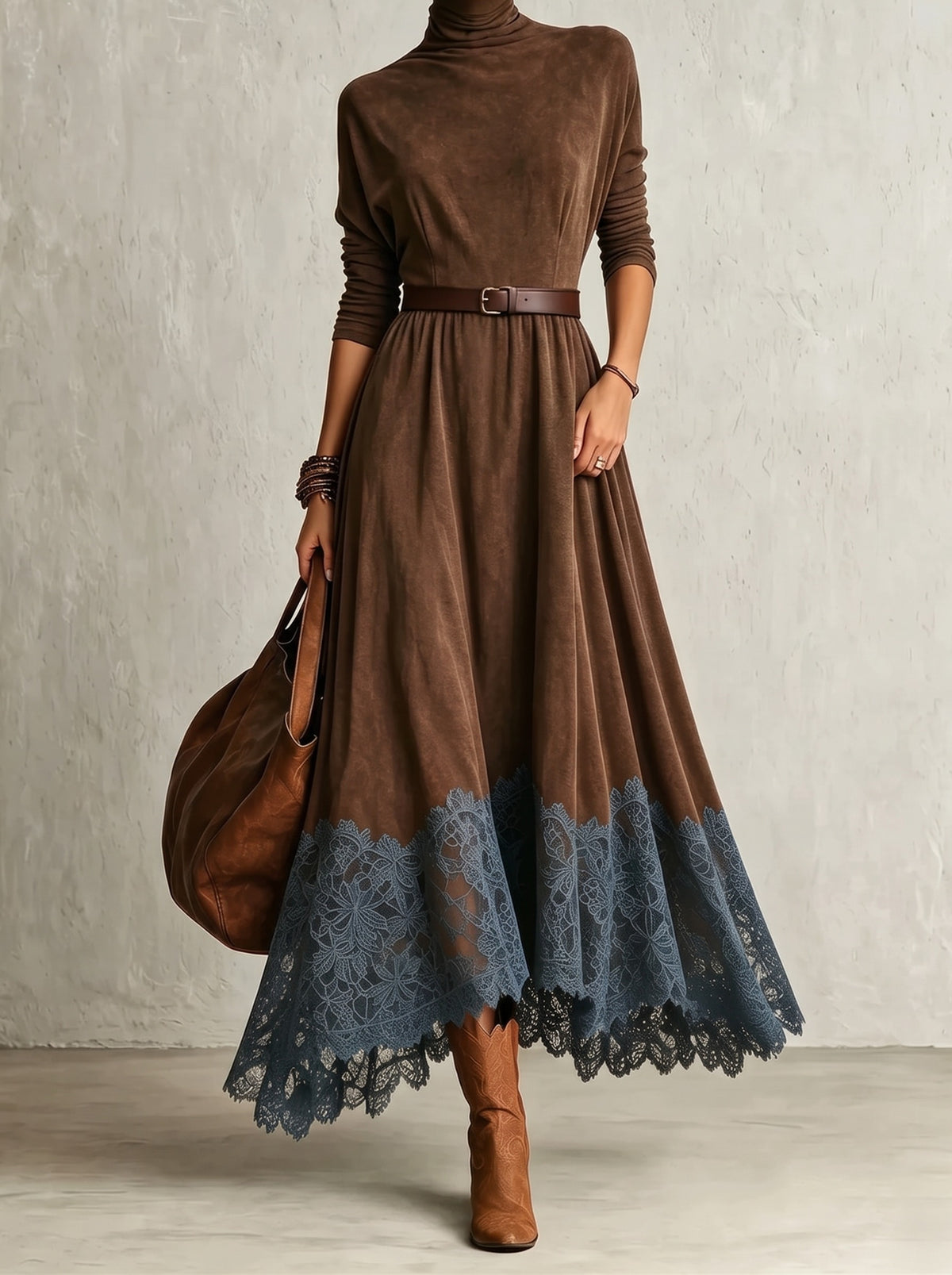 Odette robe longue effet daim marron avec ceinture offerte – vue de face
