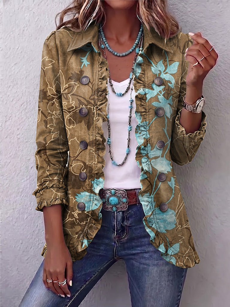 Solène™ | Veste bohème imprimée fleurs vintage dégradée et volants