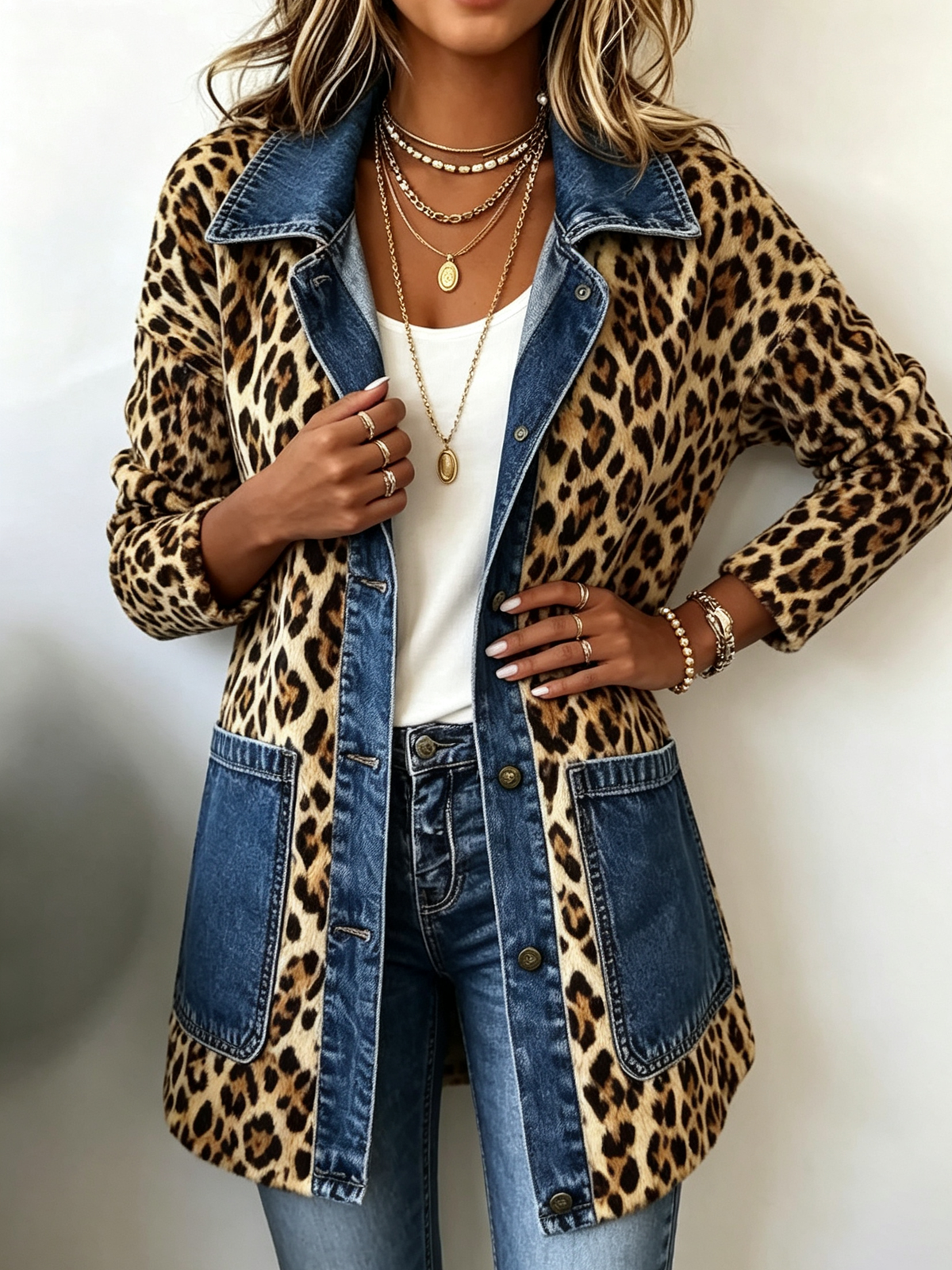 Fablenne™ | Veste longue bimatière imprimé léopard et jean