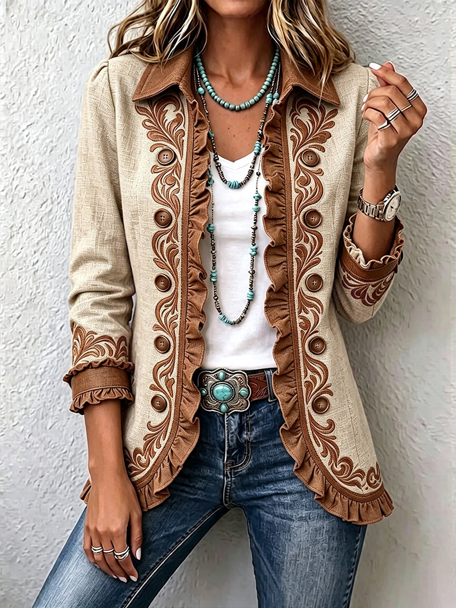 Noémie™ | Veste bohème vintage imprimée fleurs et volants