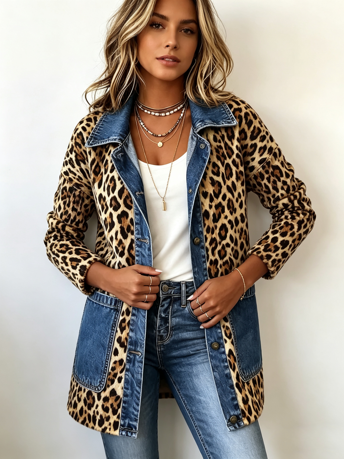 Fablenne™ | Veste longue bimatière imprimé léopard et jean