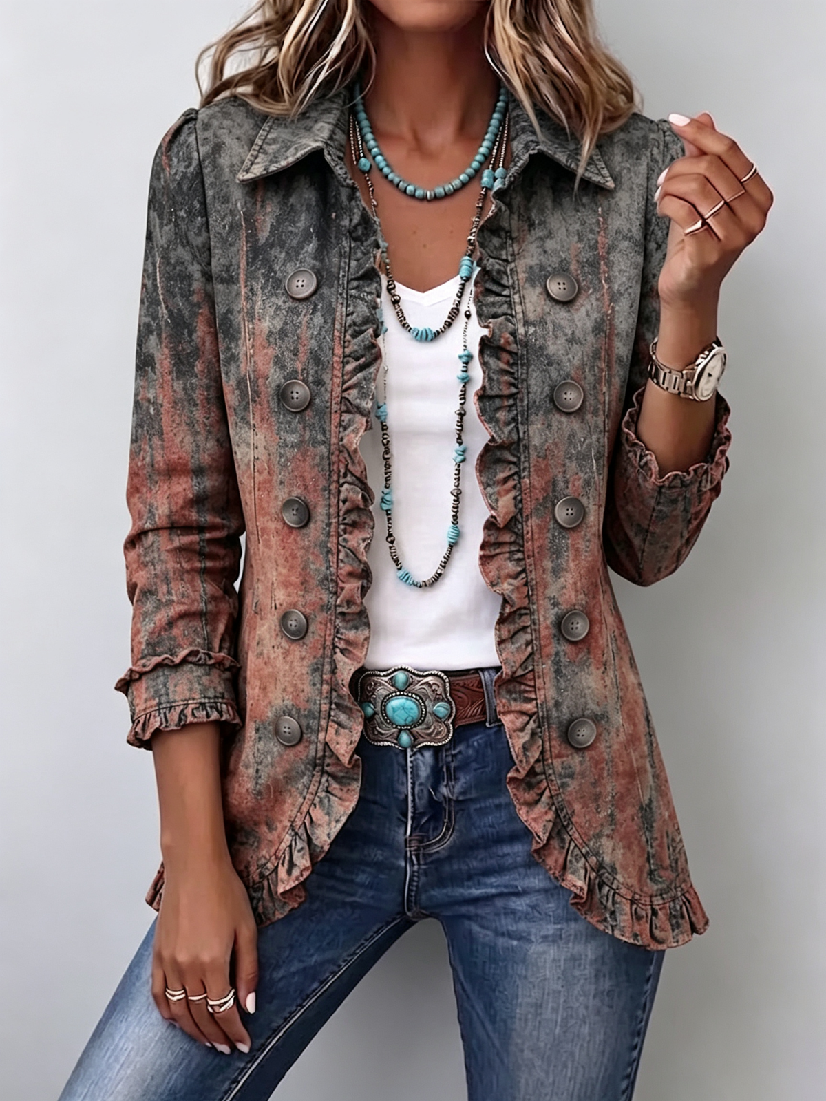 Sophie™ | Veste imprimée structurée dégradée vintage et volants